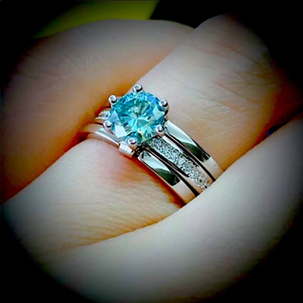 Certified, Unique 1ct Blue Green Moissanite Diamond Solitaire ring